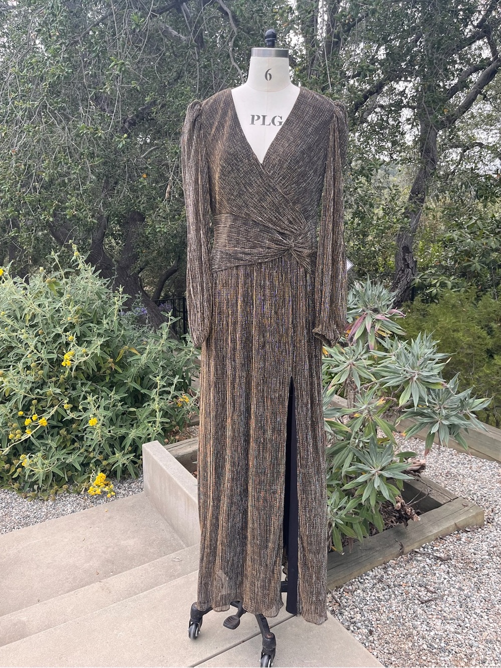 NWT XSCAPE shimmering metallic faux wrap maxi gown - Size 14